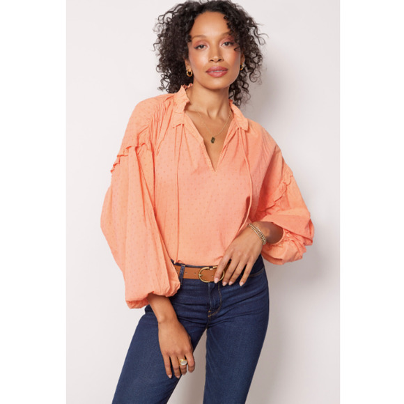 CLEOBELLA NWT Evereve Phoenix Puff Long Sleeve Organic Cotton Blouse Coral // XS - Picture 1 of 15